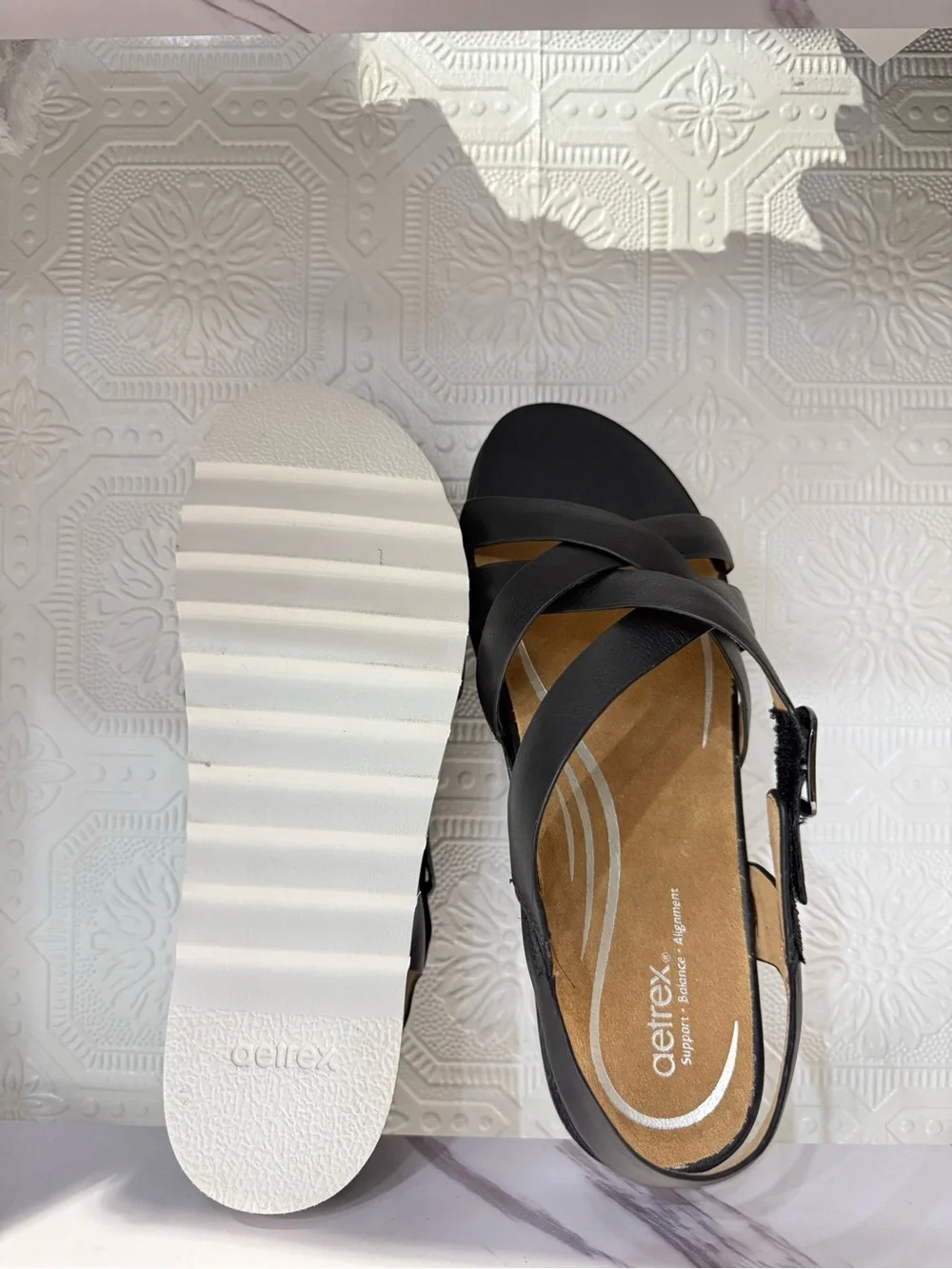 Aetrex Carmen Black SF130W36 Crisscross Strappy Sandals with White Platform
